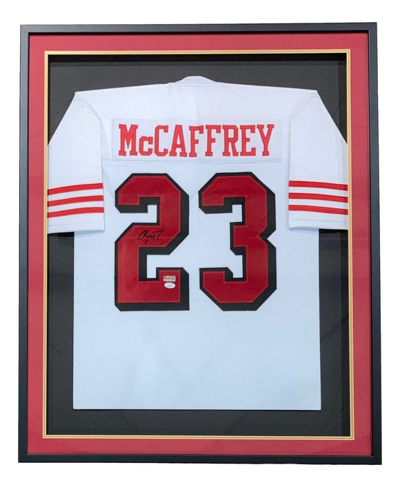 Christian McCaffrey San Francisco Signed Framed White Football Jersey JSA - Sports Integrity