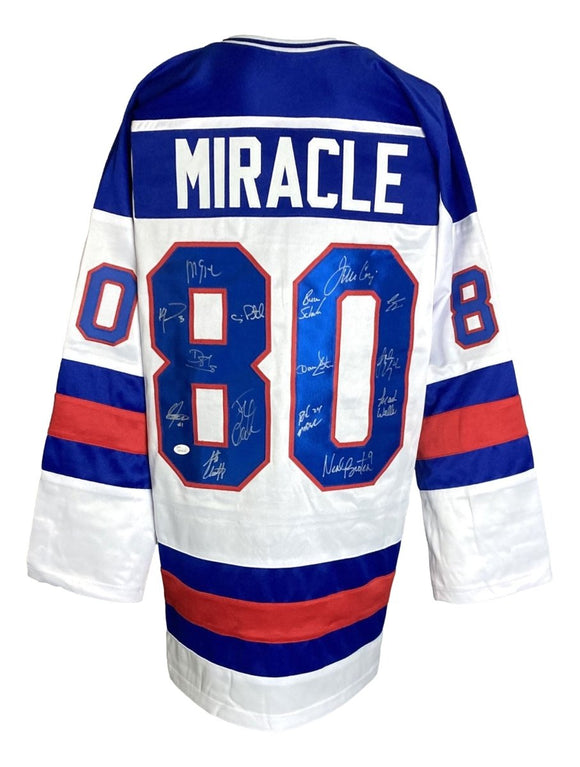 1980 USA Miracle On Ice (15) Team Signed Custom White Hockey Jersey JSA ITP - Sports Integrity