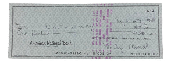 Stan Musial St. Louis Cardinals Signed Bank Check #5543 BAS - Sports Integrity