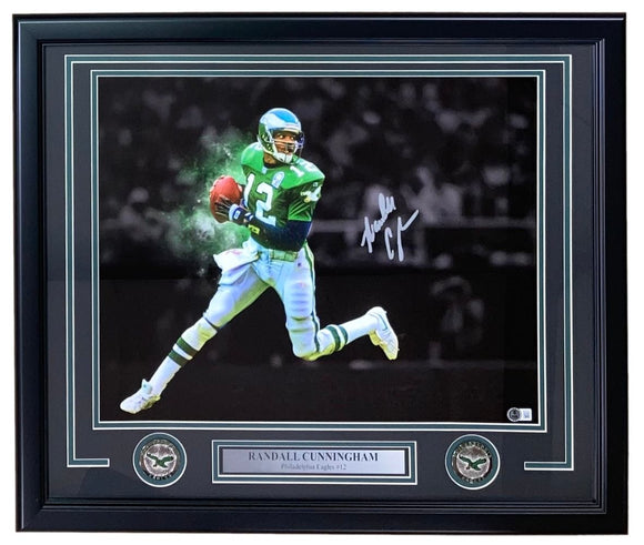 Randall Cunningham Signed Frame 16x20 Philadelphia Eagles Green Jersey Photo BAS - Sports Integrity