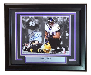 Ray Lewis Signed Framed 8x10 Baltimore Ravens Roethlisberger Hit Photo BAS ITP - Sports Integrity