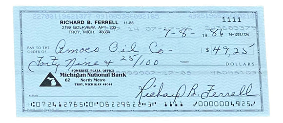 Rick Ferrell Boston Red Sox Signed Bank Check #1111 BAS - Sports Integrity