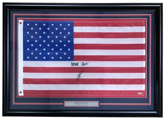 Robert O'Neill Signed Framed American Flag Never Quit Inscribed PSA ITP Hologram - Sports Integrity