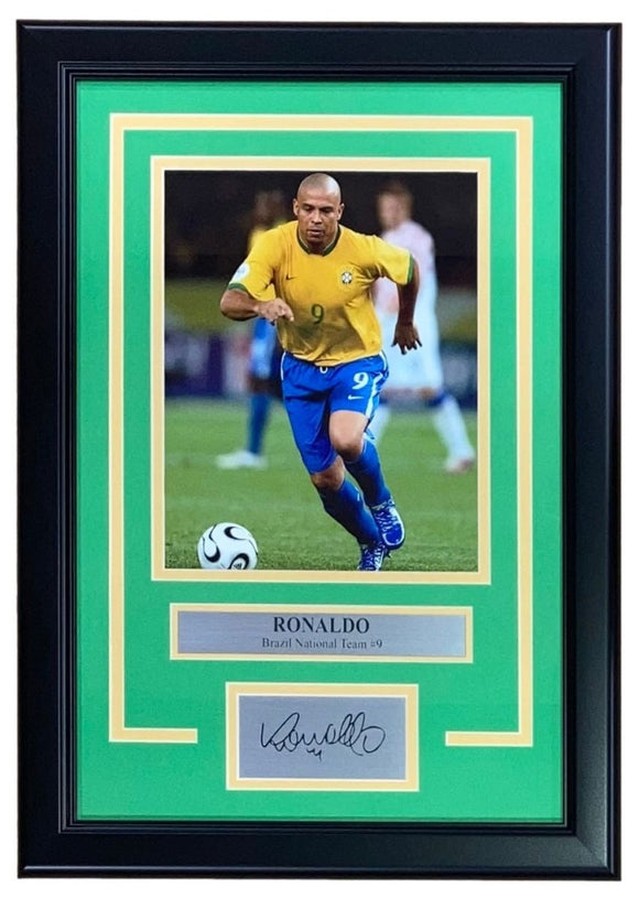 Ronaldo Framed 8x10 Brazil Soccer Photo w/ Laser Engraved Signature - Sports Integrity