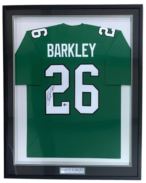 Saquon Barkley Philadelphia Signed Framed Kelly Green Football Jersey BAS ITP - Sports Integrity