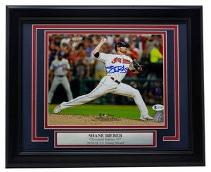 Shane Bieber Signed Framed 8x10 Cleveland Indians White Jersey Pitch Photo BAS - Sports Integrity