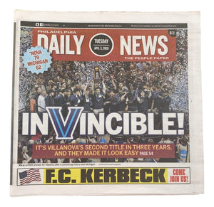 Villanova Wildcats National Champion Philadelphia Daily News April 3, 2018 Paper - Sports Integrity