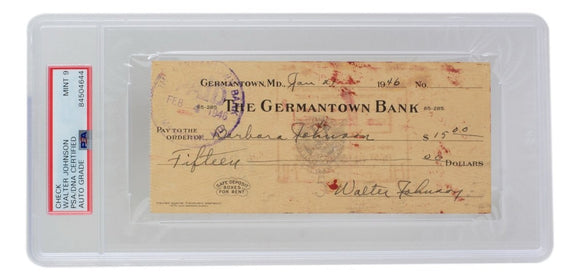 Walter Johnson Washington Senators Signed 1946 Bank Check PSA/DNA Auto Mint 9 - Sports Integrity