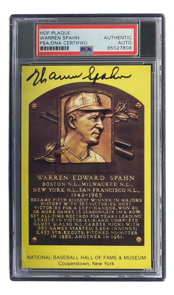 Warren Spahn Signed 4x6 Milwaukee Braves Hall Of Fame Plaque Card PSA/DNA 85027808 - Sports Integrity