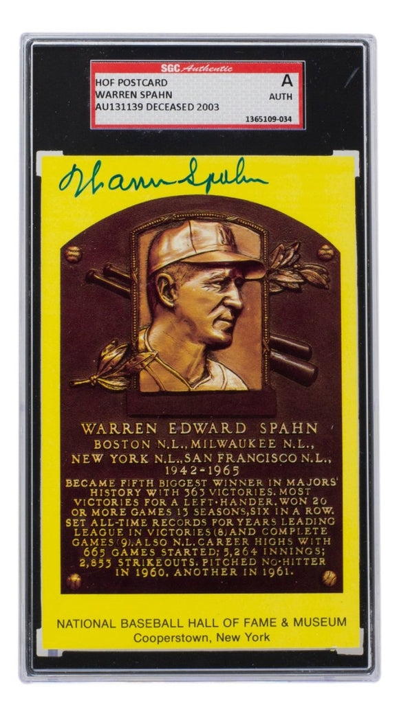 Warren Spahn Signed Slabbed Milwaukee Braves Hall of Fame Plaque Postcard SGC - Sports Integrity