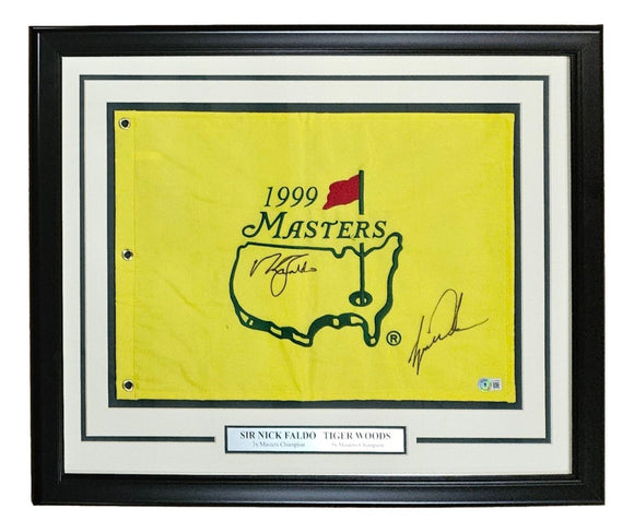 Tiger Woods Sir Nick Faldo Signed Framed 1999 Masters Golf Flag BAS LOA - Sports Integrity