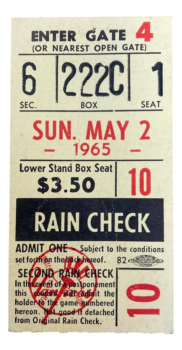 New York Yankees May 2 1965 Rain Check Ticket Stub - Sports Integrity